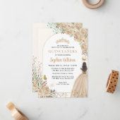 Budget Floral Champagne Gold Princess Quinceanera Notitiekaartje (Voorkant / Achterkant in situ)