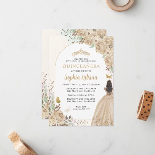 Budget Floral Champagne Gold Princess Quinceanera Notitiekaartje (Voorkant / Achterkant in situ)