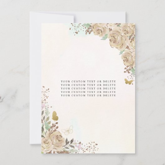 Budget Floral Champagne Gold Princess Quinceanera Notitiekaartje (Achterkant)