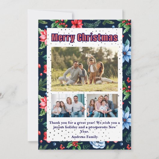 Budget Floral Christmas Plaid 3 Photo Holiday Card Feestdagenkaart (Voorkant)