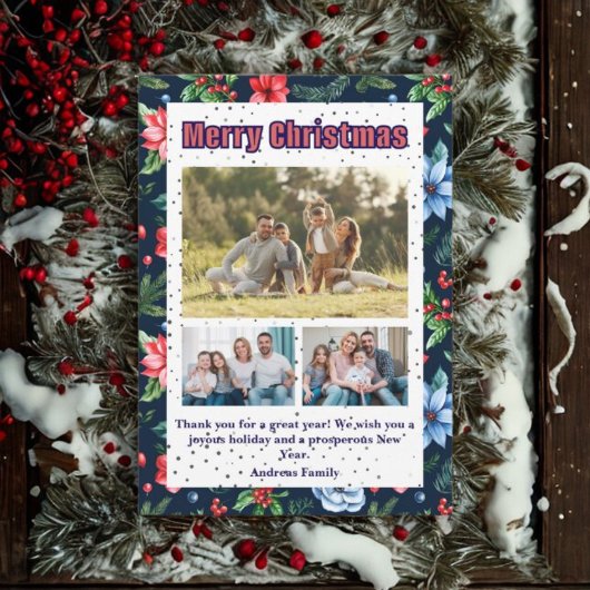 Budget Floral Christmas Plaid 3 Photo Holiday Card Feestdagenkaart