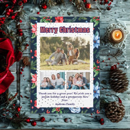 Budget Floral Christmas Plaid 3 Photo Holiday Card Feestdagenkaart