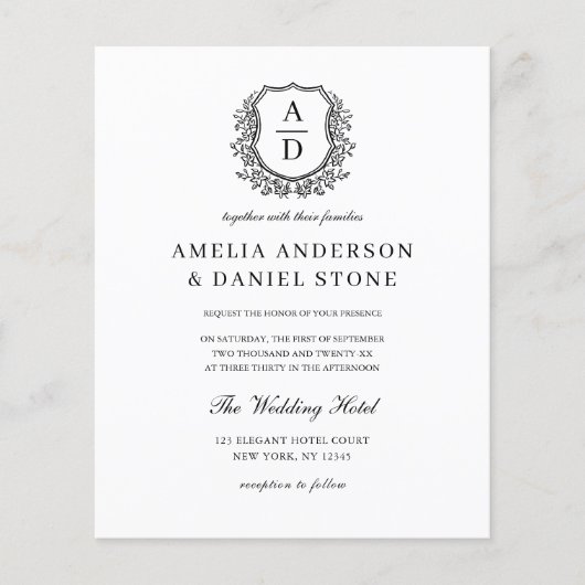 Budget Floral Crest Monogram Huwelijk Elegant (Voorkant)