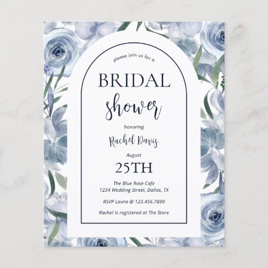 Budget Floral Dusty Blue Bridal Shower Flyer (Voorkant)