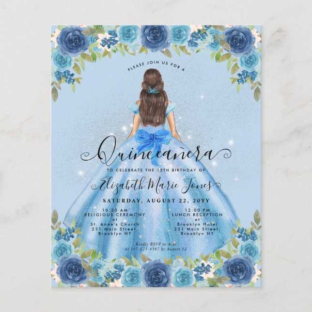 Budget Floral Dusty Blue Gray Princess Quinceanera (Voorkant)