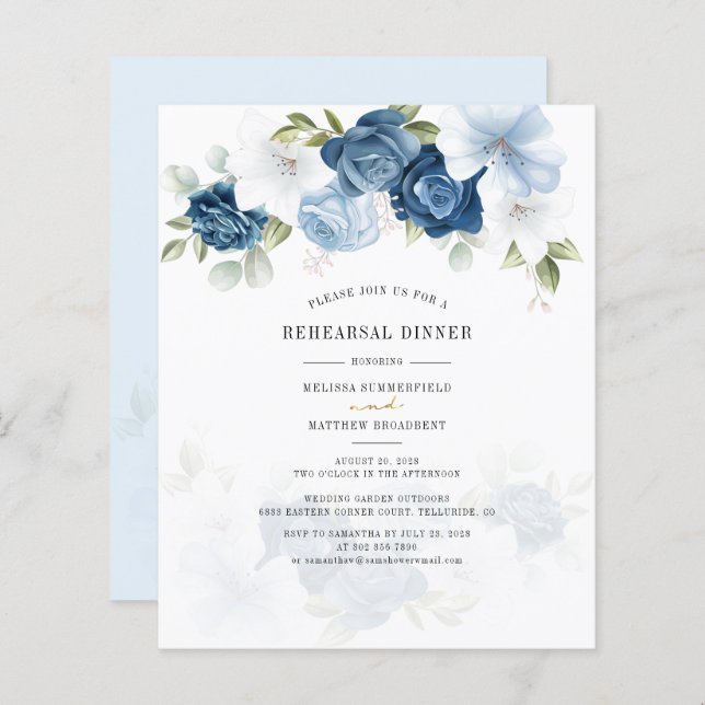 Budget Floral Dusty Blue Rehearsal Dinner Invite (Voorkant / Achterkant)
