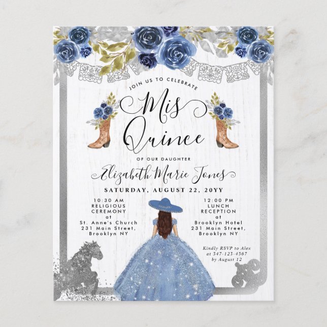 Budget Floral Dusty Blue Silver Charra Quinceanera (Voorkant)
