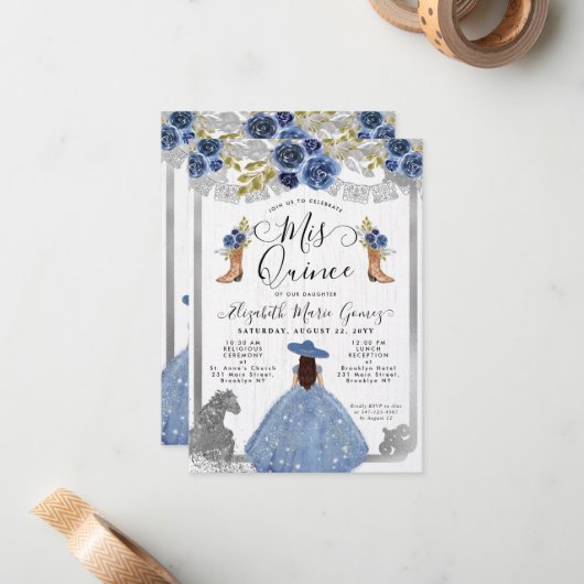 Budget Floral Dusty Blue Silver Charra Quinceanera Notitiekaartje (Voorkant / Achterkant in situ)