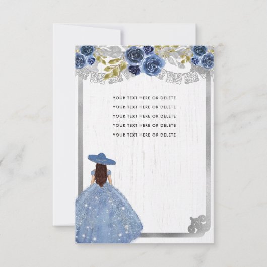 Budget Floral Dusty Blue Silver Charra Quinceanera Notitiekaartje (Achterkant)