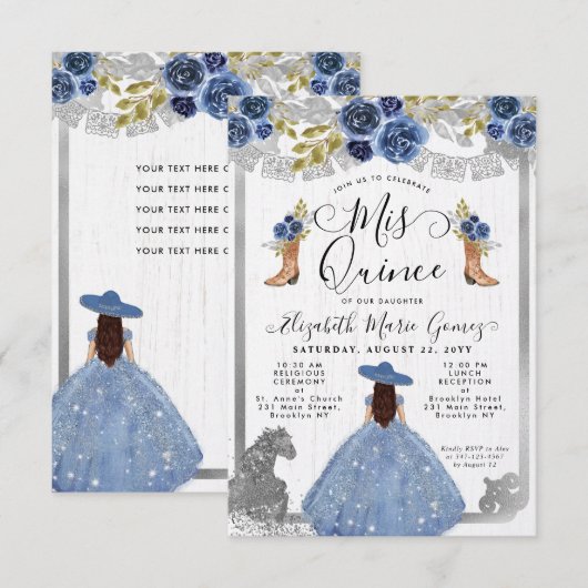 Budget Floral Dusty Blue Silver Charra Quinceanera Notitiekaartje (Voorkant / Achterkant)