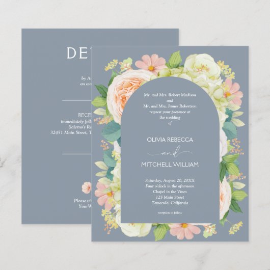 Budget Floral Dusty Blue Wedding All in One Invite (Voorkant / Achterkant)