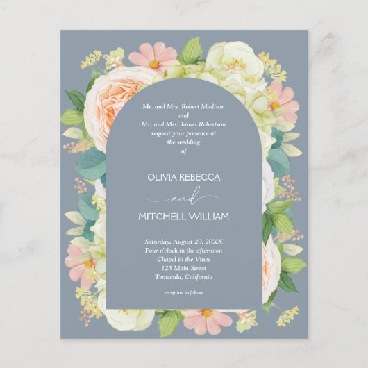Budget Floral Dusty Blue Wedding All in One Invite (Voorkant)