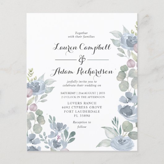 Budget Floral Dusty Blue Wedding Invitation (Voorkant)