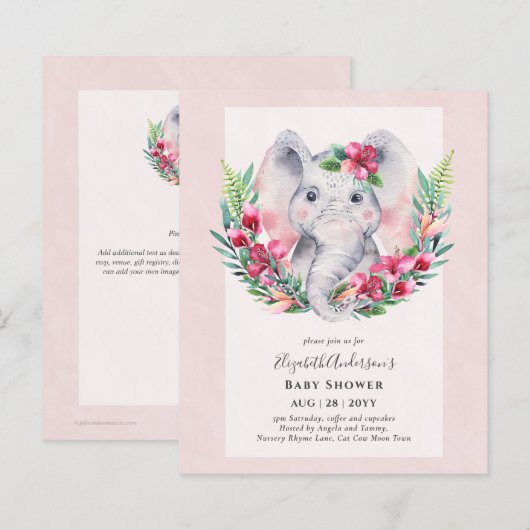 BUDGET Floral Elephant Baby shower nodigt uit (Voorkant / Achterkant)