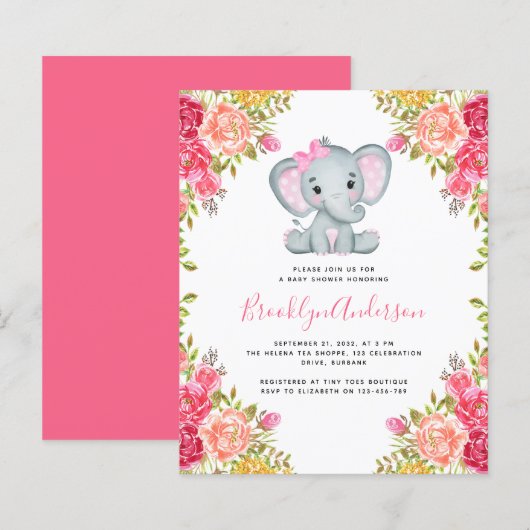 BUDGET Floral Elephant Girl Baby shower Uitnodigin (Voorkant / Achterkant)
