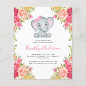 BUDGET Floral Elephant Girl Baby shower Uitnodigin (Voorkant)