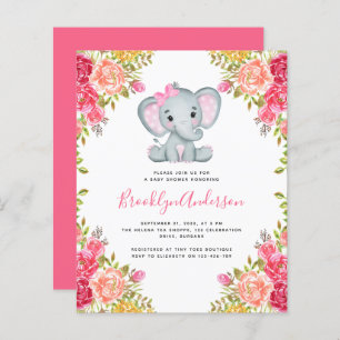 BUDGET Floral Elephant Girl Baby shower Uitnodigin