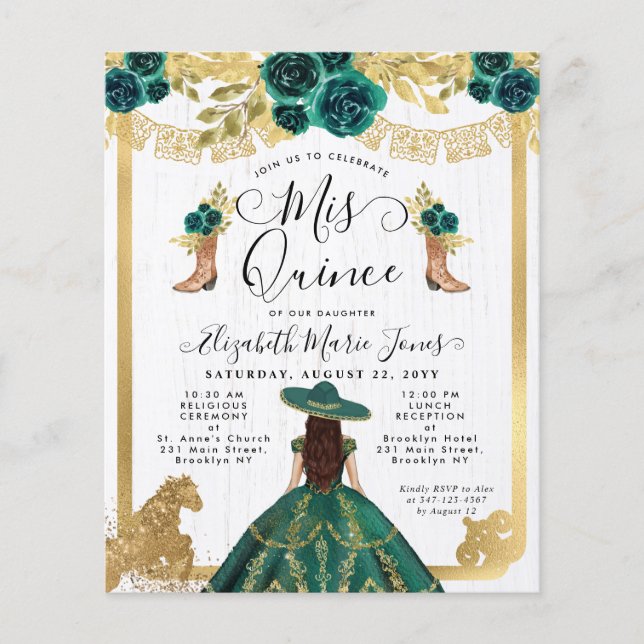 Budget Floral Emerald Green Charra Quinceanera (Voorkant)