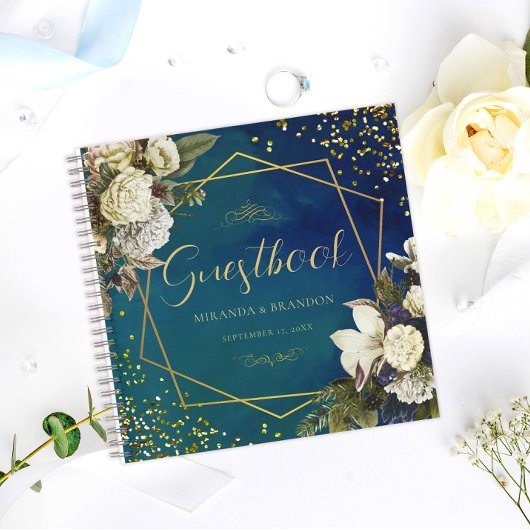 Budget Floral Emerald Green Gold Wedding Guestbook Notitieboek