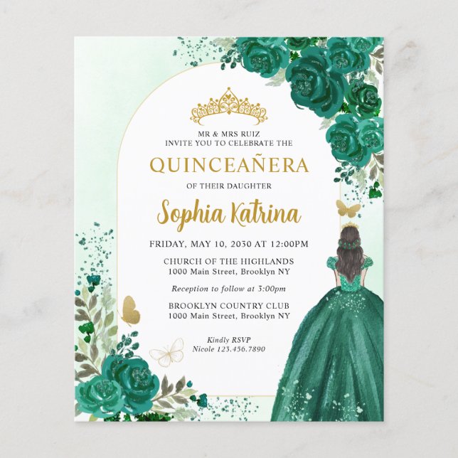 Budget Floral Emerald Green Princess Quinceanera (Voorkant)