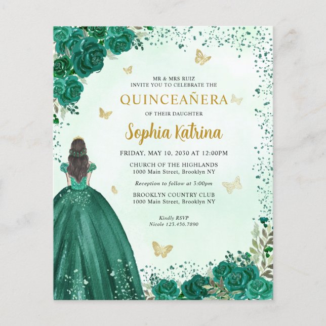 Budget Floral Emerald Green Princess Quinceanera (Voorkant)