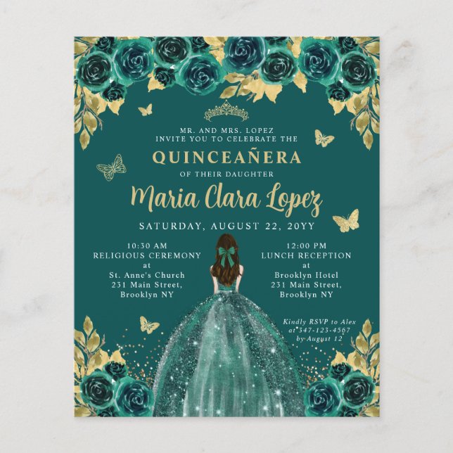 Budget Floral Emerald Green Princess Quinceanera (Voorkant)