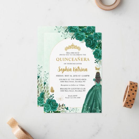 Budget Floral Emerald Green Princess Quinceanera Notitiekaartje (Voorkant / Achterkant in situ)