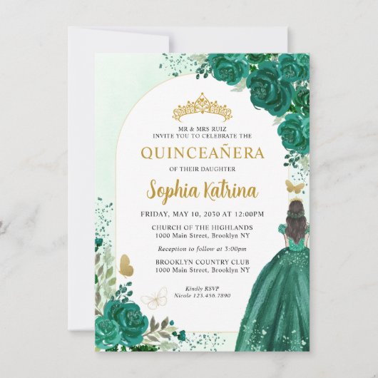 Budget Floral Emerald Green Princess Quinceanera Notitiekaartje (Voorkant)