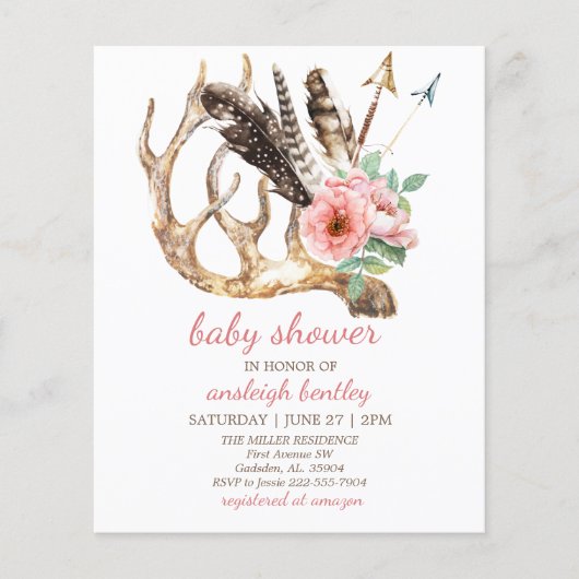 Budget Floral en Antler Baby shower Uitnodiging Flyer (Voorkant)