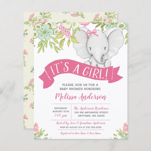 Budget Floral Girl Elephant Baby shower (Voorkant / Achterkant)