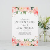 Budget Floral Girly Sweet 16 Birthday Uitnodiging (Staand voorkant)