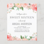 Budget Floral Girly Sweet 16 Birthday Uitnodiging (Voorkant)