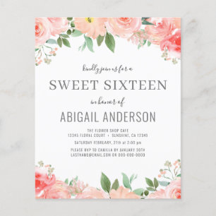 Budget Floral Girly Sweet 16 Birthday Uitnodiging Flyer