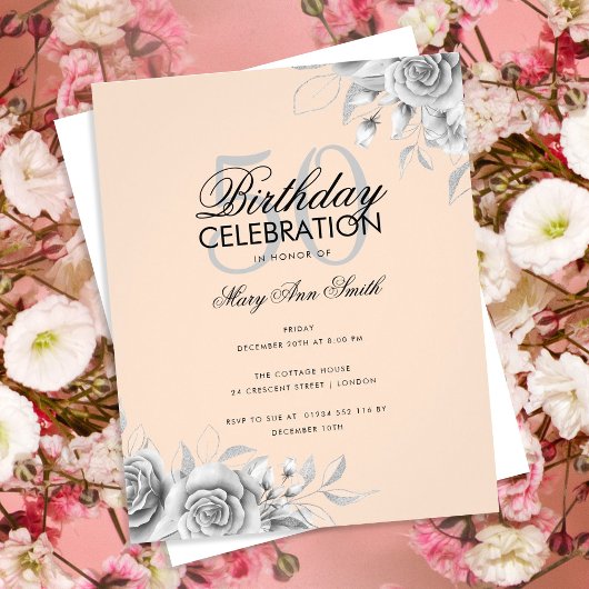 Budget Floral Glam Birthday Party Silver Blush Flyer