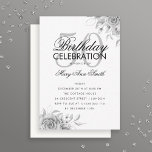 Budget Floral Glam Birthday Silver Invite Notitiekaartje<br><div class="desc">Elegant ontwerp "Birthday Party Program" met Floral Arrangement in Silver met aangepaste tekst.</div>