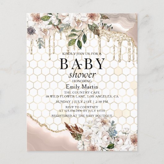 BUDGET Floral Glitter Drip Marble Baby shower Flyer (Voorkant)