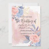 Budget Floral Gold Blue en Roze bruiloft Kaart (Voorkant)