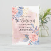 Budget Floral Gold Blue en Roze bruiloft Kaart (Staand voorkant)