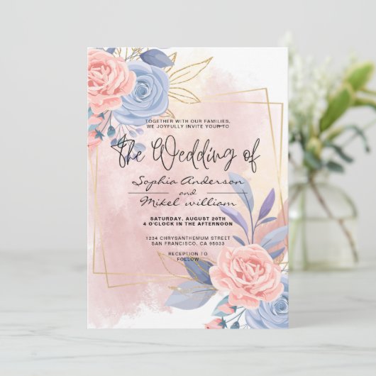 Budget Floral Gold Blue en Roze bruiloft Kaart (Staand voorkant)