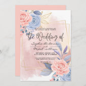 Budget Floral Gold Blue en Roze bruiloft Kaart (Voorkant / Achterkant)