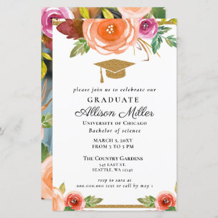 Budget Floral Gold Photo Afstuderen Uitnodiging