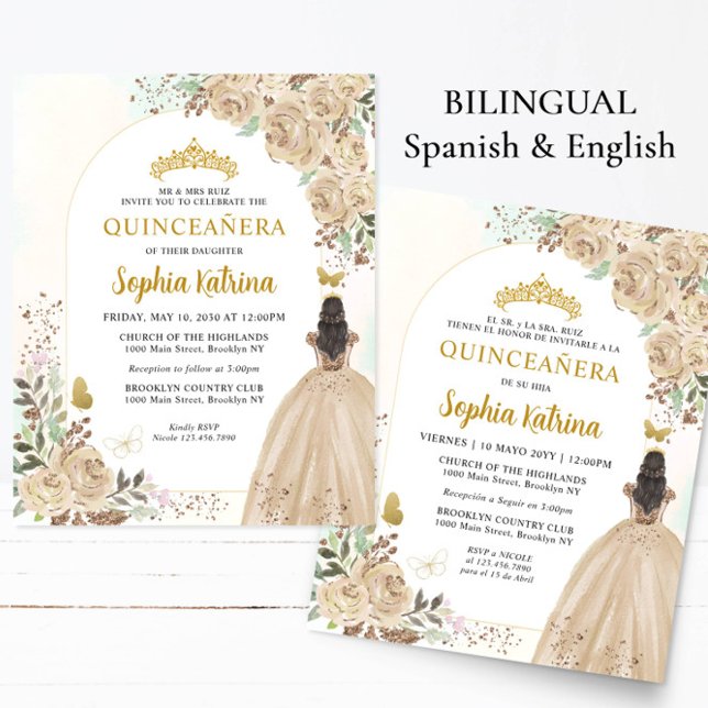 Budget Floral Gold TWEETALIG Spaans Quinceanera (Creator heeft geüpload)