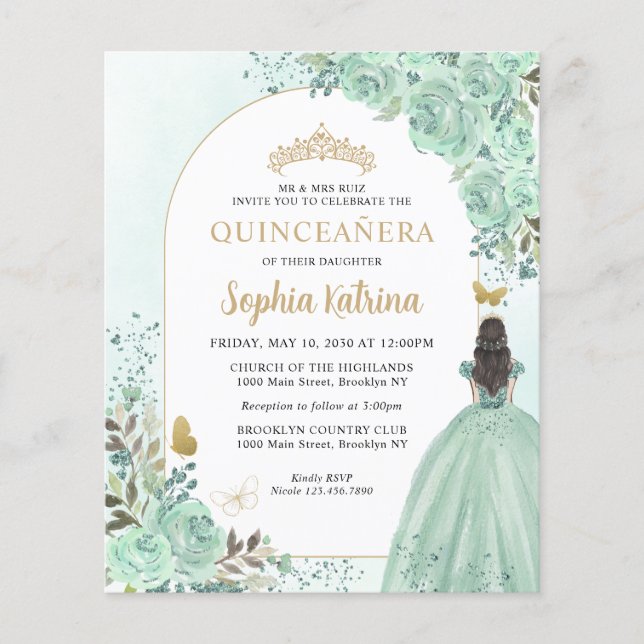 Budget Floral Green Gold Chic Princess Quinceanera (Voorkant)