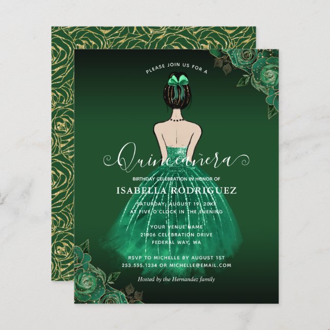 Budget Floral Green Princess Gold Quinceañera (Voorkant / Achterkant)