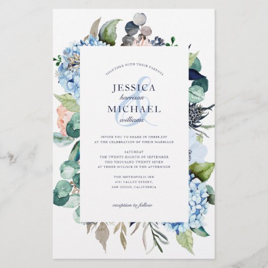 Budget Floral Greenery Blue Wedding Invitation (Voorkant)