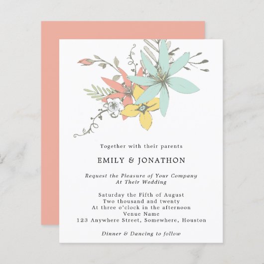 Budget Floral laat de Blauwgroen uitnodiging tot h (Voorkant / Achterkant)