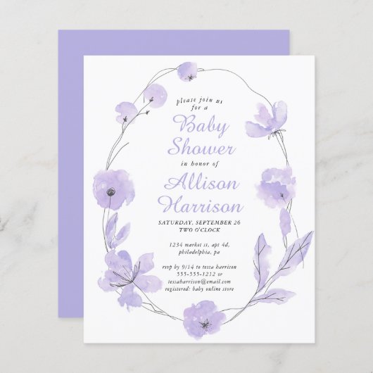 Budget Floral Lavender Baby shower Uitnodiging (Voorkant / Achterkant)