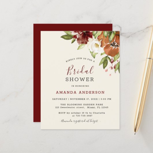 Budget Floral Maroon Bridal Shower (Voorkant / Achterkant in situ)