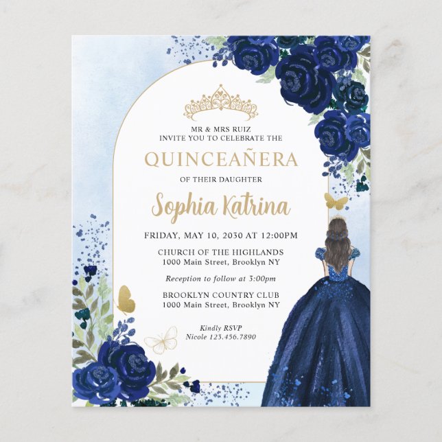 Budget Floral Navy Blue Gold Princess Quinceanera (Voorkant)