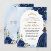 Budget Floral Navy Blue Gold Princess Quinceanera Notitiekaartje (Voorkant / Achterkant)
